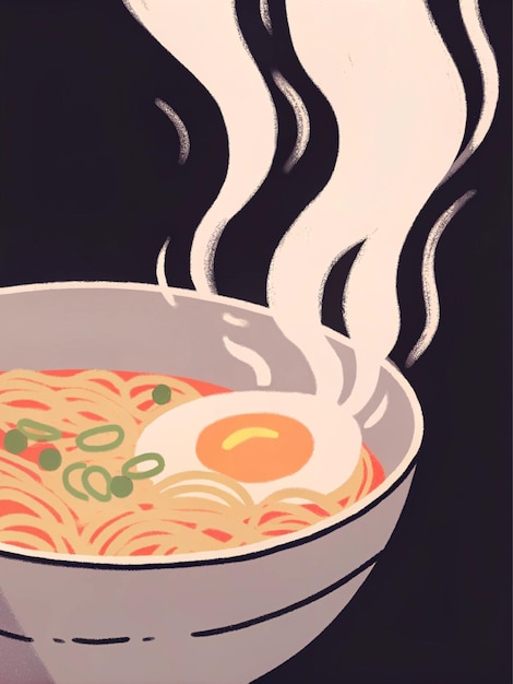 una pintura de un tazón de fideos con un fondo negro