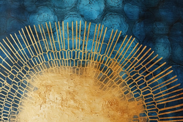 Pintura de tela Textura dorada sobre azul Textil azul Patrón dorado Brillo Mezcla de tinta metálica Salpicadura