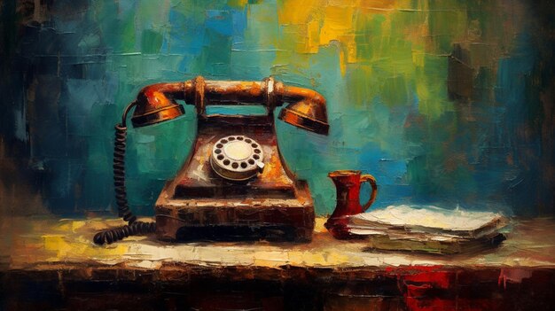 Foto pintura de un teléfono y una taza sobre una mesa generativa ai