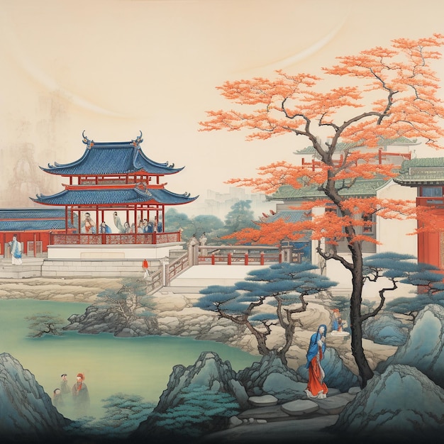una pintura de un templo con un árbol en el medio.