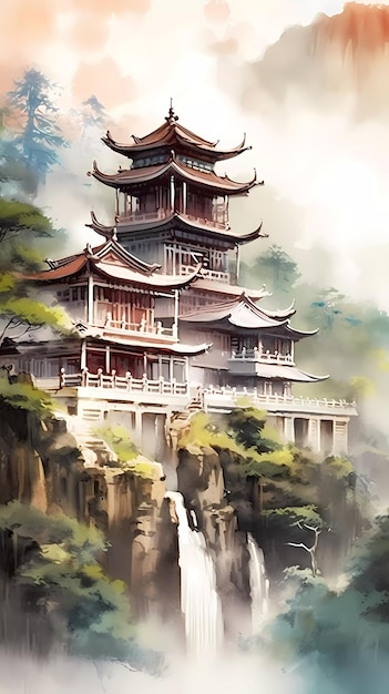 Una pintura de un templo chino en un acantilado