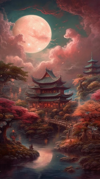 Una pintura de un templo chino con una luna al fondo.