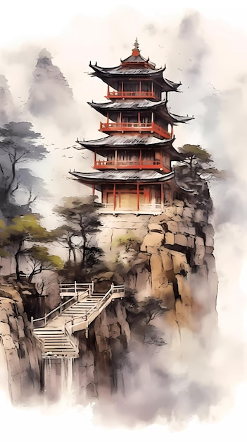 Una pintura de un templo japonés en un acantilado