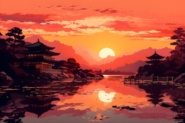 Una pintura de un templo japonés al atardecer.