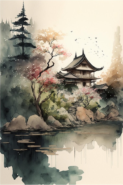 Una pintura de un templo japonés con un árbol en primer plano y un pájaro volando en el fondo.