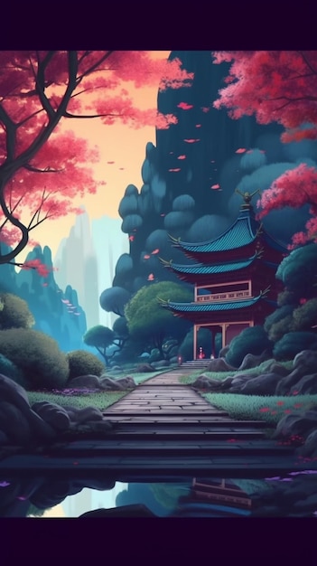 Una pintura de un templo japonés en el bosque.