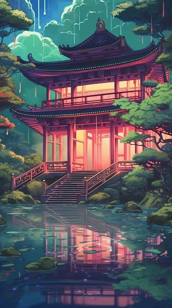 Una pintura de un templo japonés en el bosque.