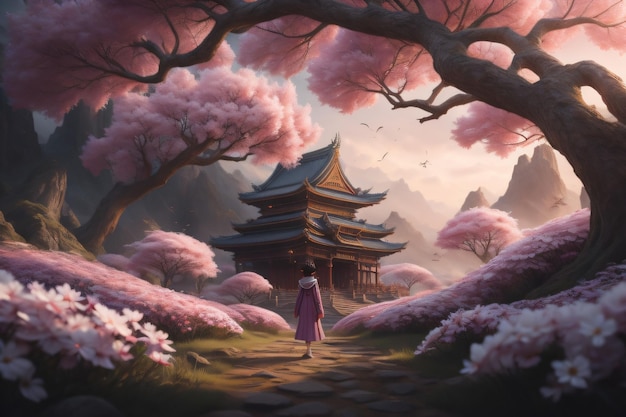 Una pintura de un templo japonés con flores rosas y un hombre caminando frente a él.