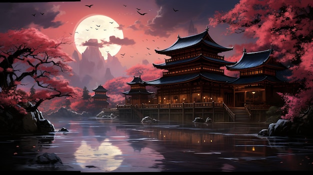 pintura de un templo japonés en el medio de un lago generativo ai