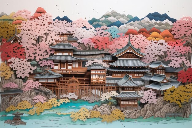 Una pintura de un templo japonés con una montaña al fondo.