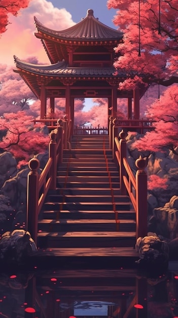 Una pintura de un templo japonés con un puente al fondo.