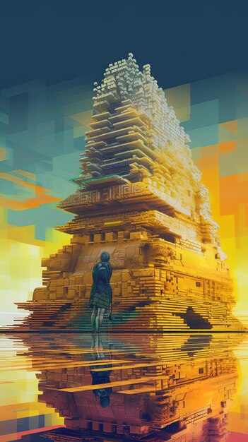 Foto una pintura de un templo con una persona de pie frente a él