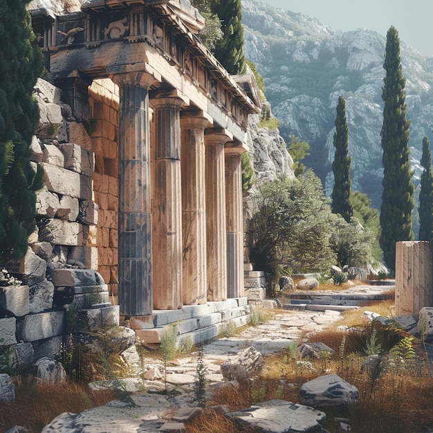 Pintura de templos griegos antiguos en las montañas Arqueología histórica Tesoro de Delfos de Atenas