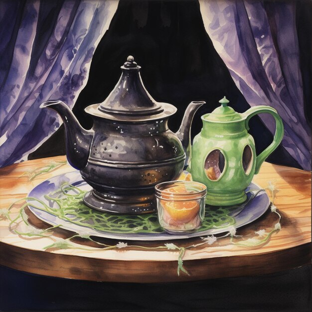 Foto pintura de una tetera y una taza en una mesa generativa ai