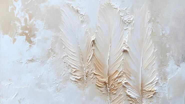 Pintura de textura abstracta con trazos blancos y beige parecidos a las plumas