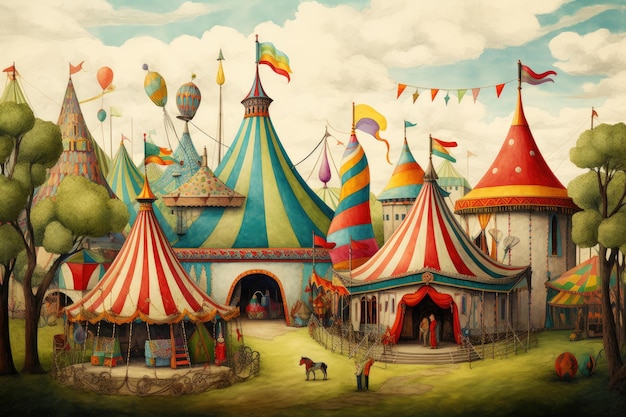 Una pintura de una tienda de circo bajo un colorido Big Top en una vibrante escena de circo Un circo vintage poblado de coloridas carpas y criaturas mágicas Generado por IA