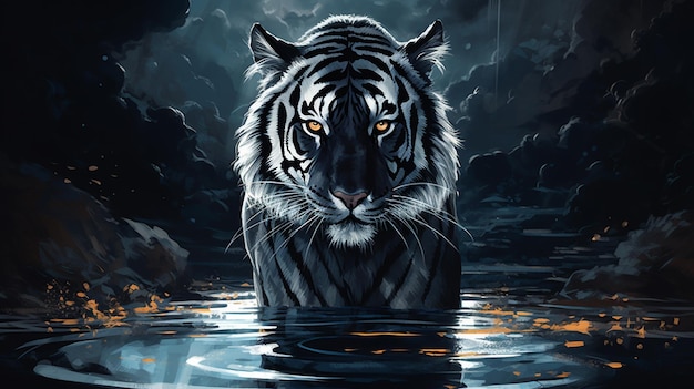 pintura de un tigre en el agua con una luna llena en el fondo generativo ai