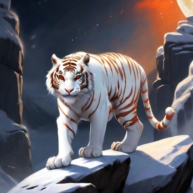 pintura de un tigre blanco de pie en una roca en la nieve noche luz de la luna kpop papel tapiz estrella