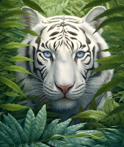 Foto pintura de un tigre blanco en la selva con ojos azules generativo ai