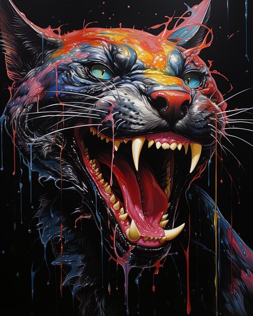 una pintura de un tigre con la boca abierta