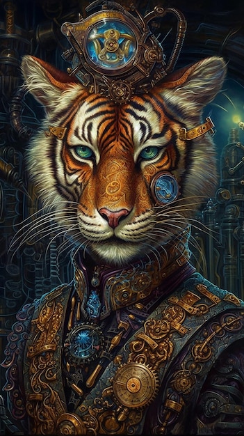 Una pintura de un tigre con una cadena de oro alrededor de su cuello.