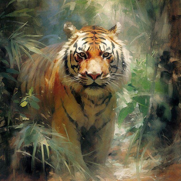 Pintura de un tigre caminando por la selva con un arbusto detrás de él