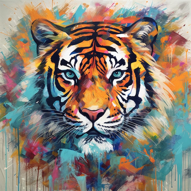 pintura de un tigre con una cara colorida y un fondo sucio ai generativo