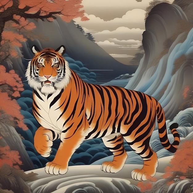 Pintura de tigre en estilo japonés Ukiyoe