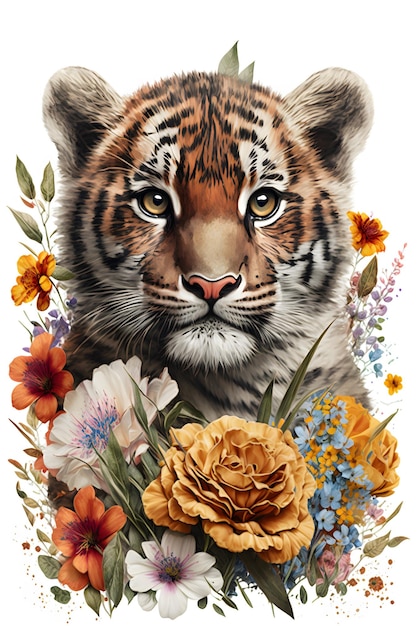 Una pintura de un tigre con flores y flores.