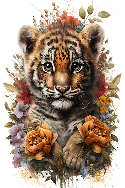 Una pintura de un tigre con flores.