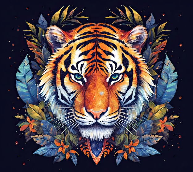 Una pintura de un tigre con hojas y flores.