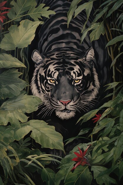 una pintura de un tigre en la jungla