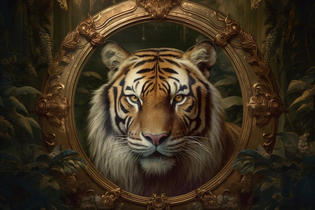 Una pintura de un tigre con un marco dorado en el ce