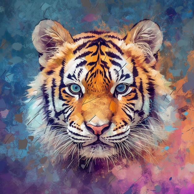 pintura de un tigre con un ojo azul y un fondo rosa ai generativo