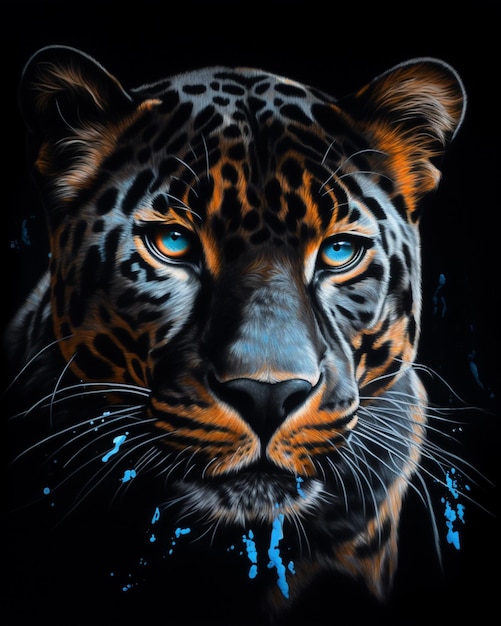 Una pintura de un tigre con ojos azules.
