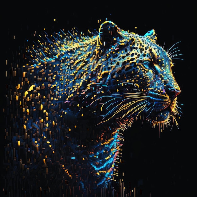 Una pintura de un tigre con un patrón azul y amarillo.