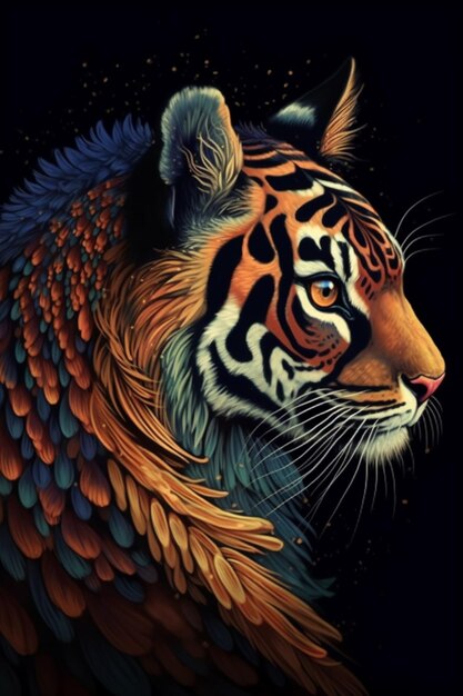 Una pintura de un tigre con una pluma de colores en la cara.