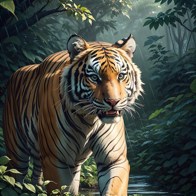 Una pintura de un tigre en la selva