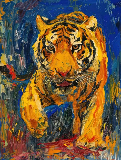 Una pintura de un tigre sobre un fondo azul