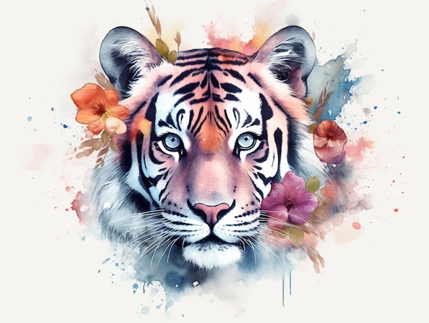 Pintura de tigre - tigre con flores en la cara