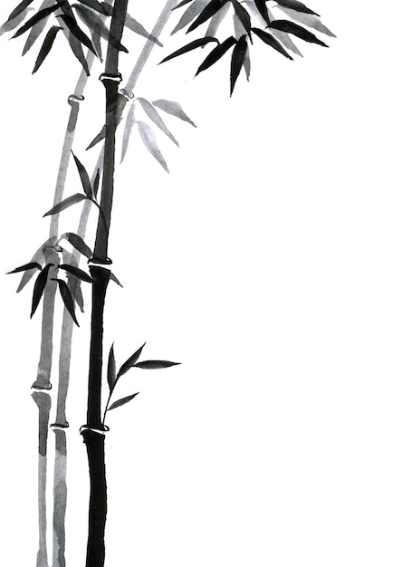 Pintura de tinta con árbol de bambú en estilo minimalista simple sobre fondo de papel de arroz Pintura de tinta oriental tradicional sumie usando claridad de jeroglífico gohua