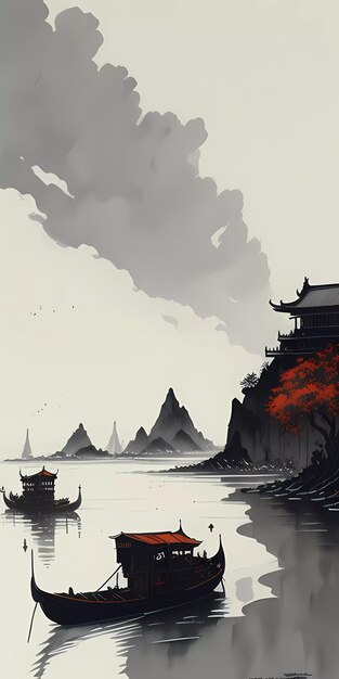 Pintura de tinta china apagada de un paisaje de montaña