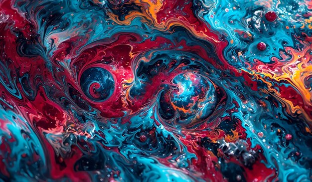 Una pintura de tinta colorida con dos grandes orbes brillantes