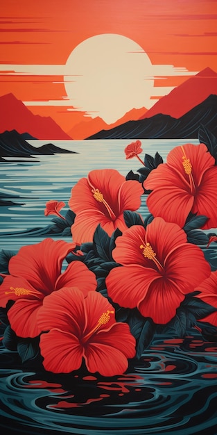 Pintura de tinta de la isla de Hibiscus en Valensole al amanecer