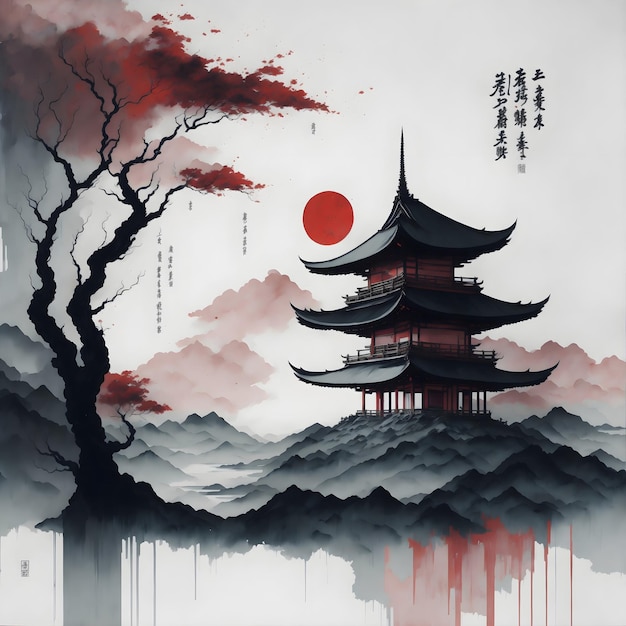 Pintura de tinta japonesa apagada con el sol rojo una pagoda y escritos japoneses