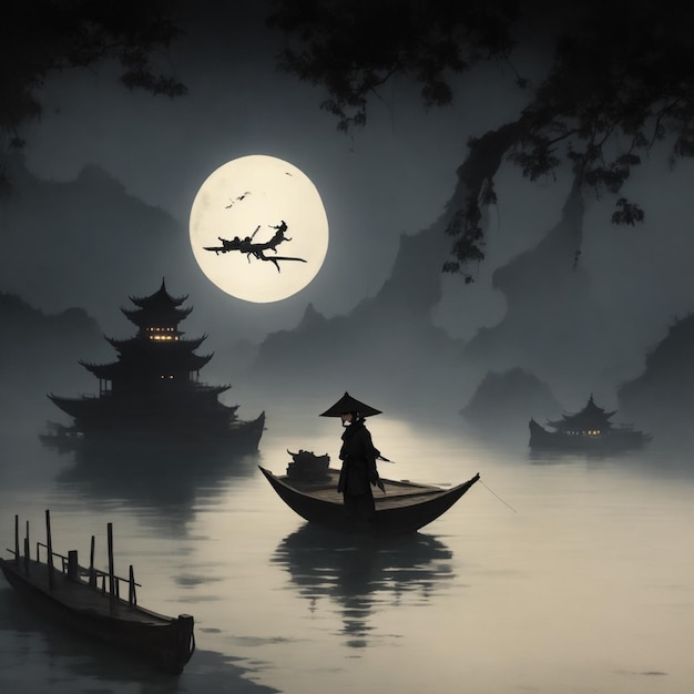 Pintura a tinta de un paisaje brumoso con un pescador en un barco en el tradicional Japón minimalista oriental