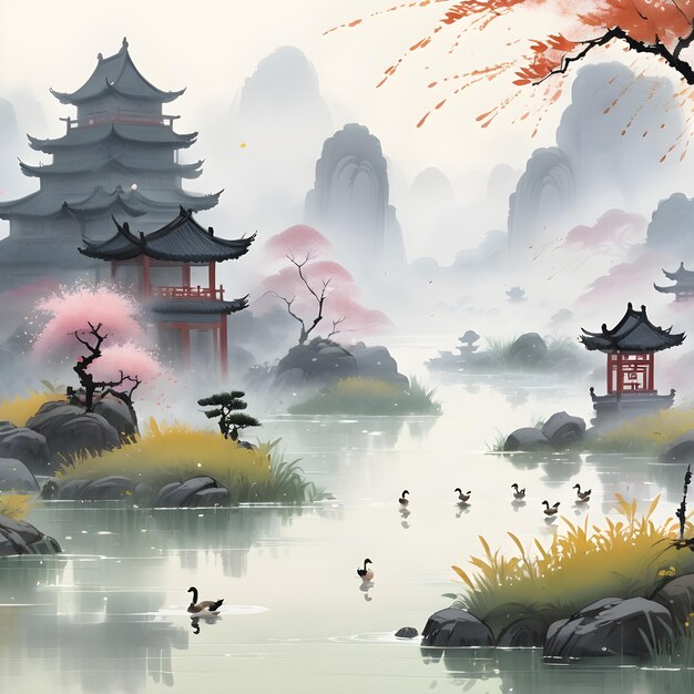 Pintura de tinta del paisaje chino antiguo
