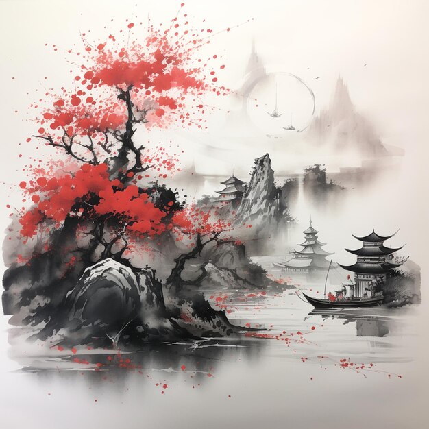 Pintura de tinta Sumie de árbol contemporáneo