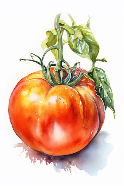 Una pintura de un tomate con el tallo todavía unido.