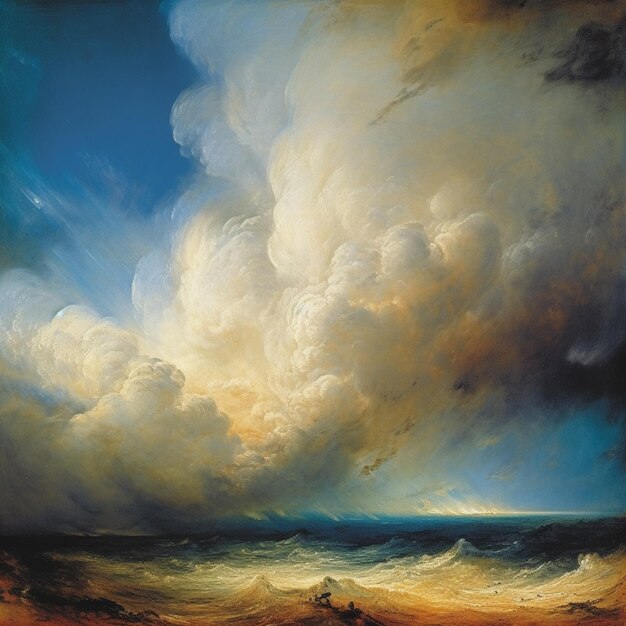 Foto una pintura de una tormenta con un cielo azul y nubes.